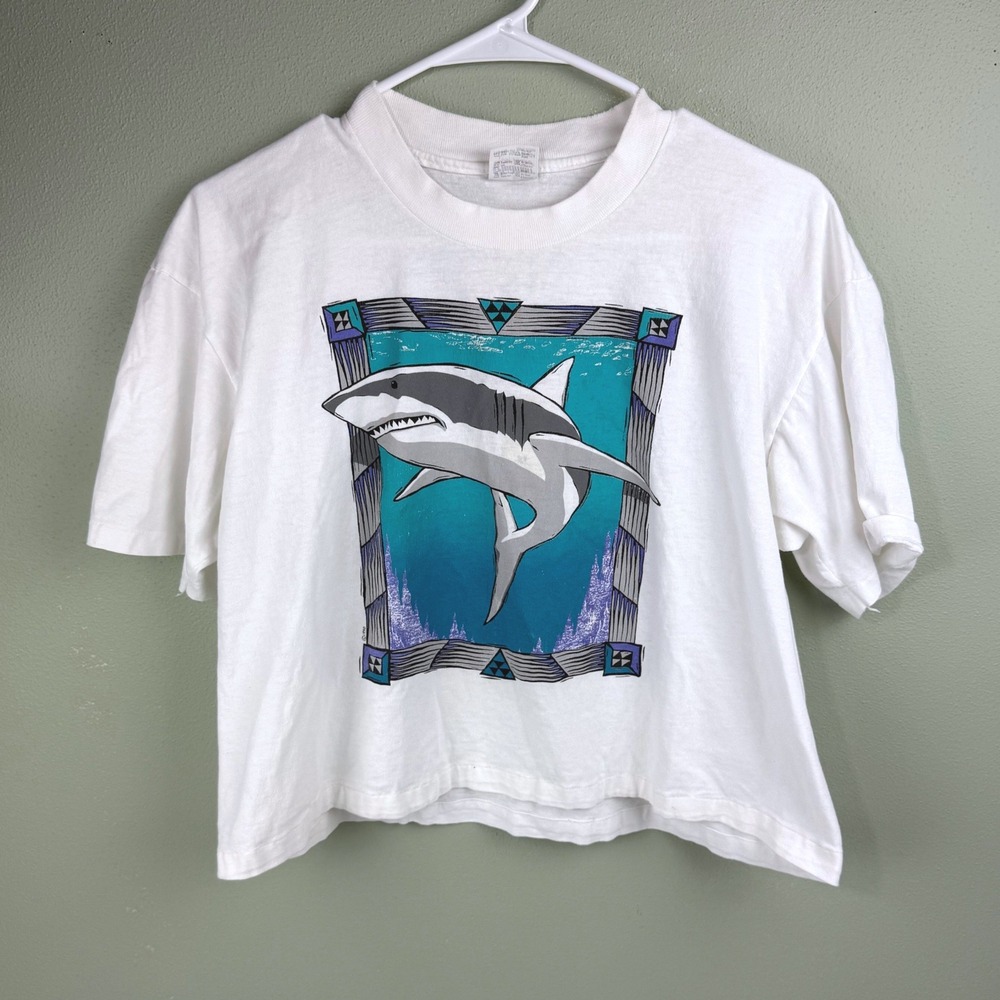 Vintage 1990 Stedman Shark Graphic T-Shirt White Single Stitch Cropped Large